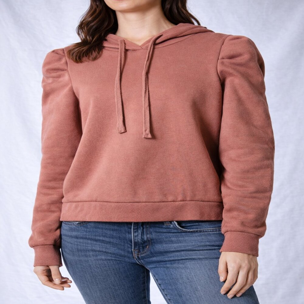 Puff Shoulder Hoodie Womens Small Rose Terracotta Long Sleeve Fleece